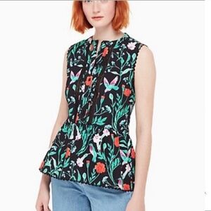Kate Spade Hummingbird Floral Print Jardin Sleeveless Poplin Peplum Blouse Top